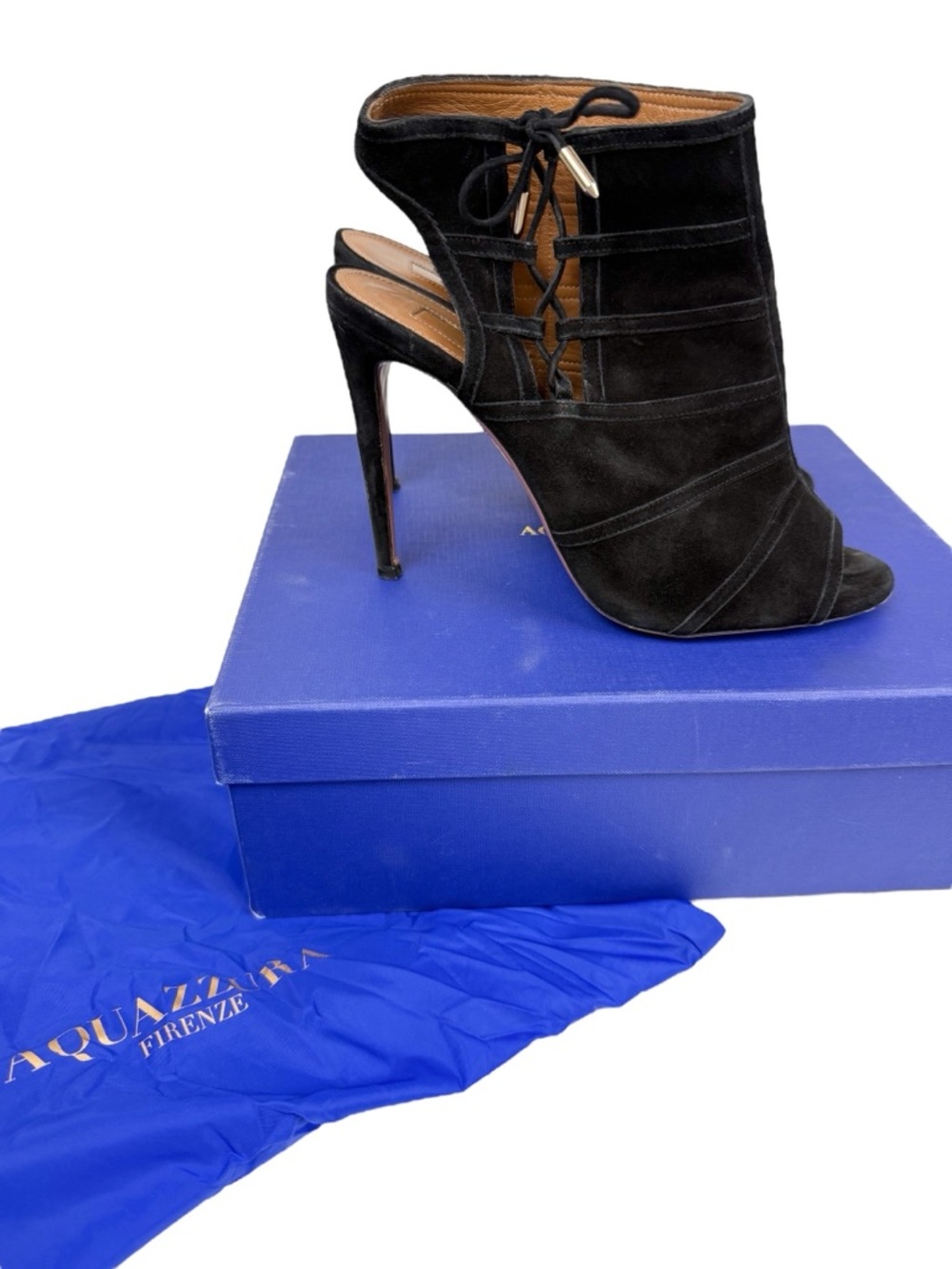 Aquazzura Oui Baby 105 Black Suede Lace Up Peep Toe Stiletto Bootie Size 39/US 9
